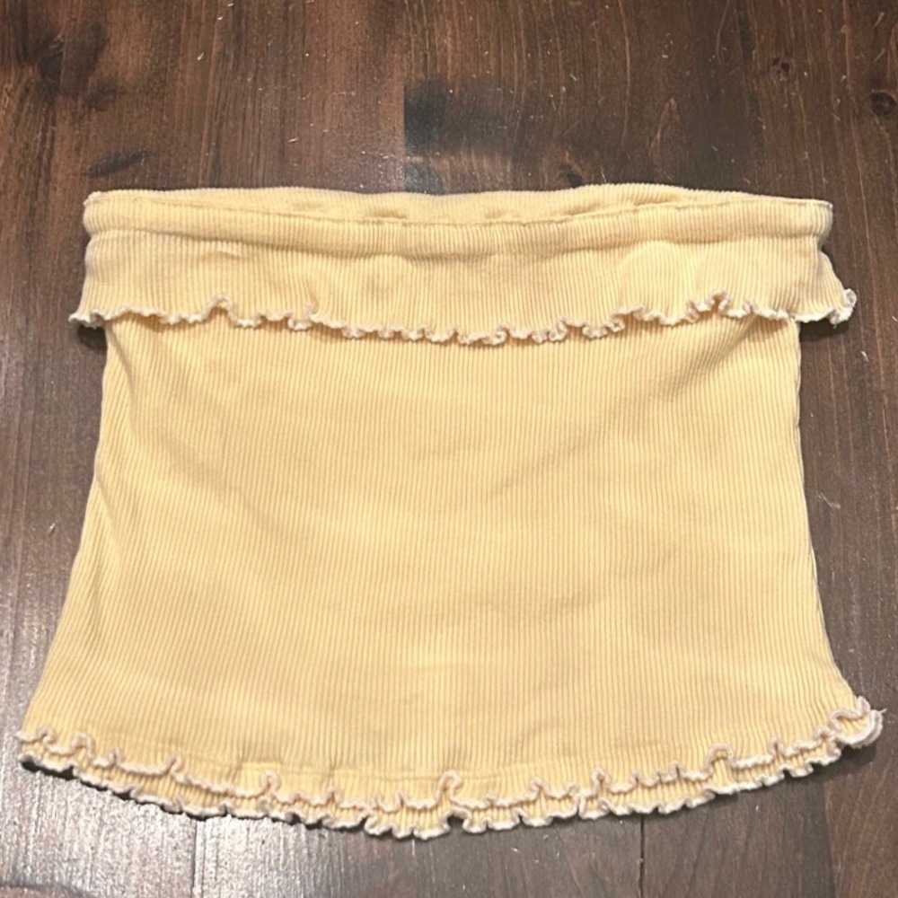 Free People Ellie Tube Top XL Yellow Ribbed Lettuce Trim Strapless Summer Boho - Picture 2 of 6